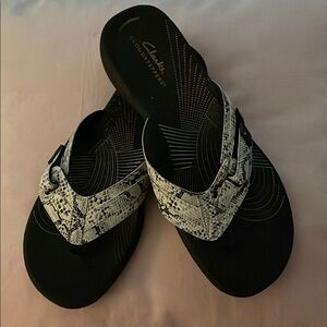 Clarks Black and White Dressy Sandals with Ornate Design